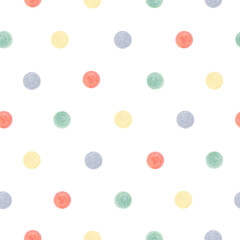 Watercolor seamless pattern multicolor polka dots. Isolated on white background. Hand drawn clipart. Perfect for card, fabric, tags, invitation, printing, wrapping.