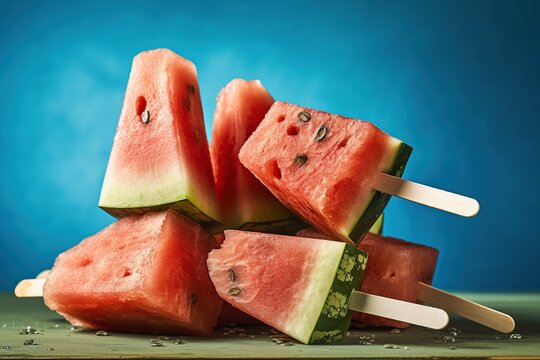 A refreshing, mouthwatering image of a popsicle ice cream in form of a melon slice on a hot summer day during a holiday vacation