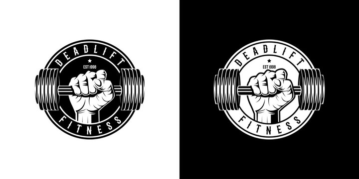 illustration of a rough strong clenched hand fist holding lifting a barbell or dumbbell. weight lifting gym fitness sport club vintage retro emblem badge label logo design