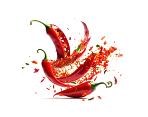 Selbstklebende Fototapete Scharfe Chili-pfeffer Falling bursting chili peppers png