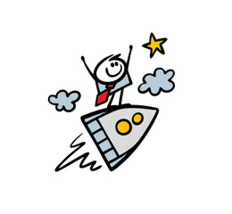 Successful businessman flies at the speed of light to his goal on a rocket in space. Vector illustration of a cartoon employee among the stars.