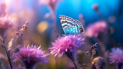 Wild light blue flowers in field and two fluttering butterfly on nature outdoors, close-up macro. Magic artistic image. Toned in blue and purple tones, --aspect 16:9 