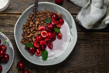 Granola with yogurt and cherries in a bowl
