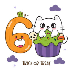 Number 6 halloween pumpkin and witch cat card