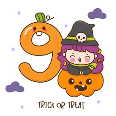 Number 9 halloween pumpkin and witch card