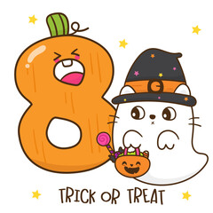 Number 8 and ghost cat halloween pumpkin card