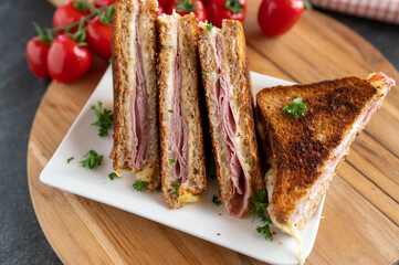Pan fried ham and cheese sandwiches on wooden cutting board