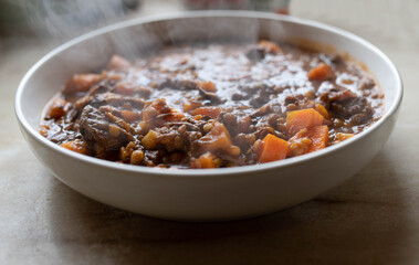 Hot and steaming beef lentil stew