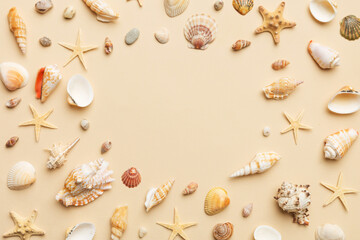 Summer time concept Flat lay composition with beautiful starfish and sea shells on colored table, top view with copy space for text