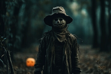 Creepy Scarecrow with a canvas bag on his head in a dense forest with a pumpkin jack-o'-lantern in his hands. Generative AI illustration. Halloween fairy tales.