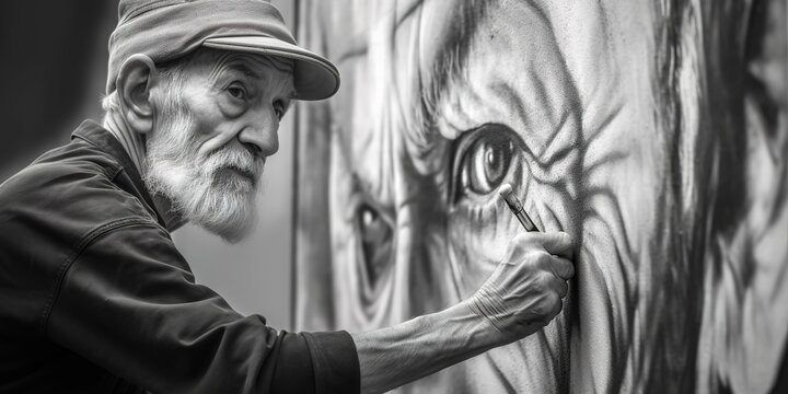 Black and white shot of senior man painting mural in the street