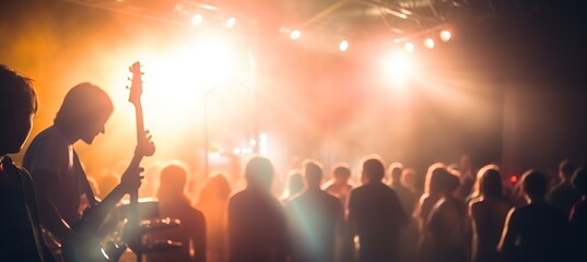 Indoor music concert crowd people silhouettes background. Generative AI technology.