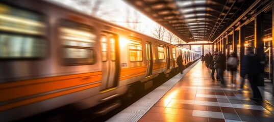 Passenger train passing station. Blurred speed motion effect. Generative AI technology.	
