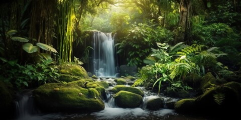 Misty waterfall surrounded by wild vegetation in the rainforest