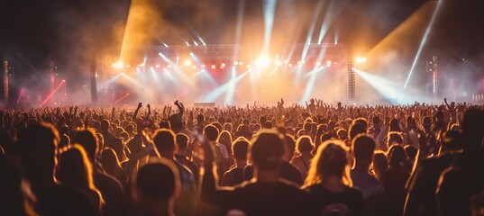 Fototapeta na wymiar Music festival concert crowd people silhouettes background. Generative AI technology.