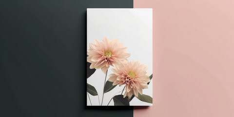 Floral mockup, empty blank with flowers. Template for birthday celebration, wedding invitation, banner, cosmetics or spa ads. Copy space.Summer flower composition.Top view. Flat Lay.Generative ai