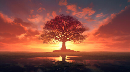Fototapeta na wymiar Sunset with tree panorama view