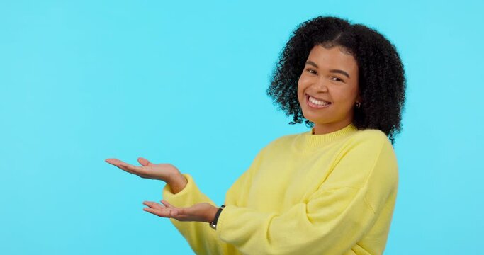Advertising, woman with hand gesture and against a blue background for promotion with a smile. Marketing or advertisement, presentation or mockup space and happy female person pose for announcement