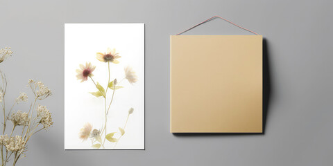 Floral mockup, empty blank with flowers. Template for birthday celebration, wedding invitation, banner, cosmetics or spa ads. Copy space.Summer flower composition.Top view. Flat Lay.Generative ai