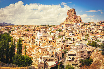 Ortahisar fortress in Cappadocia, popular tourist destination, front view with dynamic sky...