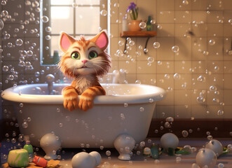 rendering of a cute cat bathing in an old bathtub surrounded by soap bubbles