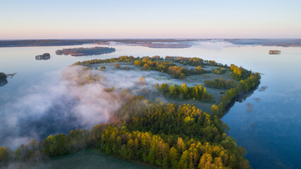 Aerial view of beautiful lake in the morning