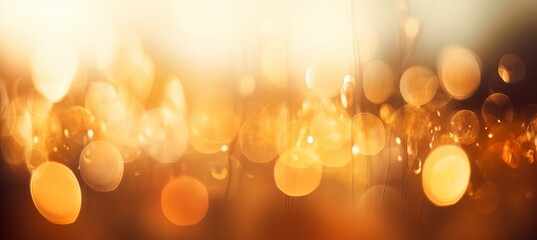 Shiny gold sparkle lights on blur meadow morning background. Generative AI technology.

