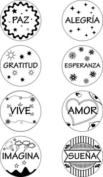 Etiqueta con Frases. Pegatina con frases fondo Transparente. Paz y sue&ntilde;a combinada con transparente y blanco.