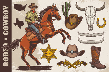 Fototapeta na wymiar Rodeo cowboy set elements colorful