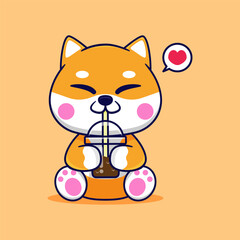Adorable Cartoon Shiba Inu Enjoying Bubble Tea - Vector Illustration