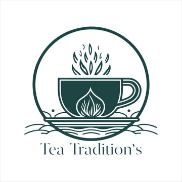Illustration of Herbal traditional Tea. Tea Cup, tea leaves. Oriental, Chinese tea logo template. Vector Image EPS 10. Flat minimalistic style