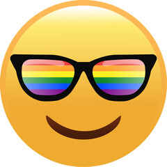 cute emoji icon with rainbow sunglasses isolate on white background. yellow smiley face emoji with pride glasses vector for transgender symbol. cool emoji icon logo for comment reactions.