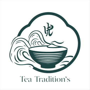 Illustration of Herbal traditional Tea. Tea Cup, tea leaves. Oriental, Chinese tea logo template. Vector Image EPS 10. Flat minimalistic style