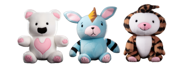 Cutout set of 3 stuffed animal toys illustration on a transparent background. Generative AI.