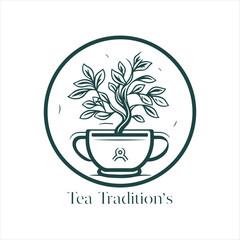 Illustration of Herbal traditional Tea. Tea Cup, tea leaves. Oriental, Chinese tea logo template. Vector Image EPS 10. Flat minimalistic style