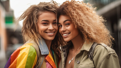 Fototapeta premium Portrait of young gay,lesbian couple embracing and showing their love with rainbow flag at the street. LGBTQ and love concept.