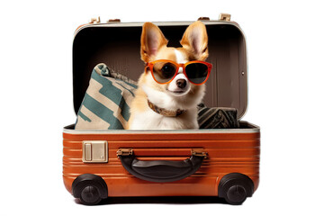 Fun corgi puppy dog with sunglasses sitting in a suitcaseillustration on a transparent background. Generative AI.