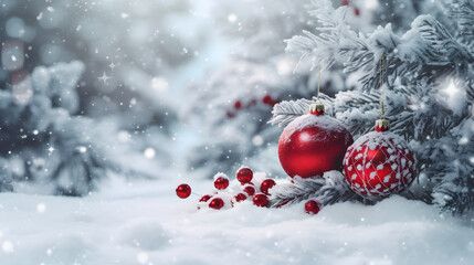 Naklejka na ściany i meble Beautiful Festive Christmas snowy background. Christmas tree decorated with red balls and knitted toys in forest in snowdrifts in snowfall outdoors, banner format, copy space, --aspect 16:9