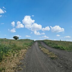 Fototapeta na wymiar A dirt road with grass and blue sky