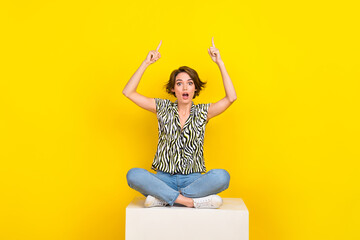 Full length photo of impressed funky woman dressed zebra striped shirt showing two fingers up empty...