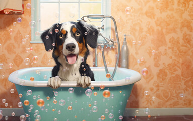 rendering of a cute dog bathing in an old bathtub surrounded by soap bubbles, copy space, selective focus