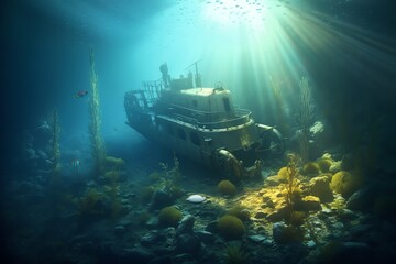 Naklejka premium Submarine wreckage under the water