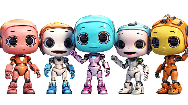 Photo of a group of colorful toy robots standing in a row, transparent background png