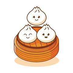Dim sum Dumpling cute cartoon character with various smile expression face in top of bamboo container  vector flat art Illustration free editable