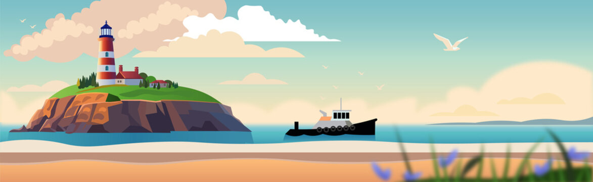 flat style banner with a lighthouse on a rocky island, tug boat in the sea, sand beach. copy space