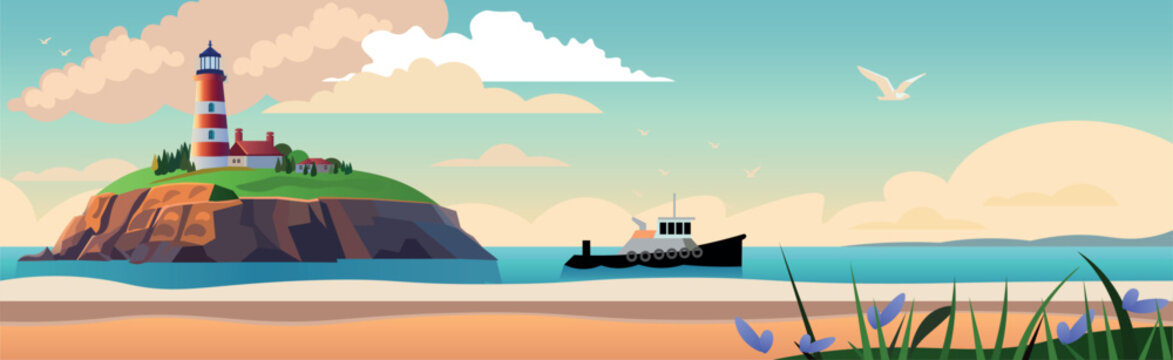 Vector cartoon landscape with a lighthouse on an island, sand beach, fishing boat in the sea. Banner, nature background