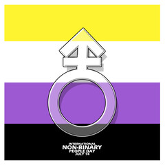 United man and woman symbol with bold text on Non Binary flag background to commemorate International Non-Binary Peoples Day on July 14