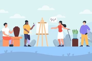 Creative people with physical disabilities vector illustration. Happy people with prosthetics painting, singing, gardening, doing pottery. Education, disability, accessibility, hobbies concept