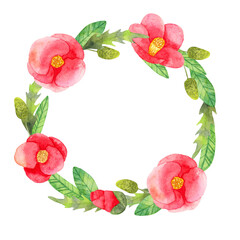 Camellia japonica flower wreath and leaves.Round botanical frame.Watercolor illustration for wedding invitations, cards, banners, print, packaging.Hand drawn isolated art.