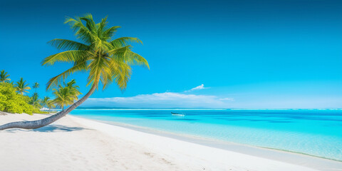 Plakat Banner of idyllic tropical beach with white sand, palm tree and turquoise blue ocean